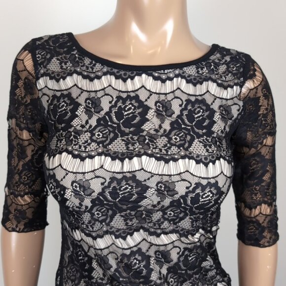 Costa Blanca Lace Illusion Dress Crop Sleeve Mini Bodycon Ballet Black White - Picture 3 of 11